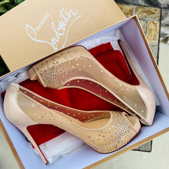Christian Louboutin Shoes - Christian Louboutin Very Strass Rete 120 Nude Mesh Lame Suede Peep Toe Pumps